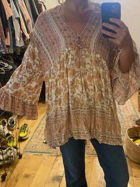 FREE PEOPLE small boho Floral Peasant Blouse pink Cream yellow bell sleeve